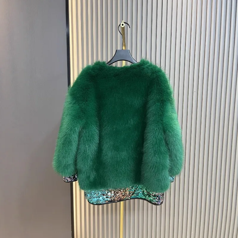 2025 Autumn Winter New Faux Fox Fur Coat Ladies Stylish Fashion Thickened Sequin Furry Integrated Women's Green Long Sleeves Top