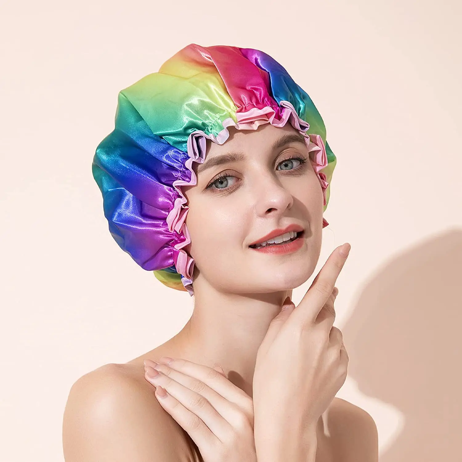 Shower Cap Long Short Hair Double Layer Waterproof Large Size Reusable Washable No Smell Rainbow Fashion Shower Caps