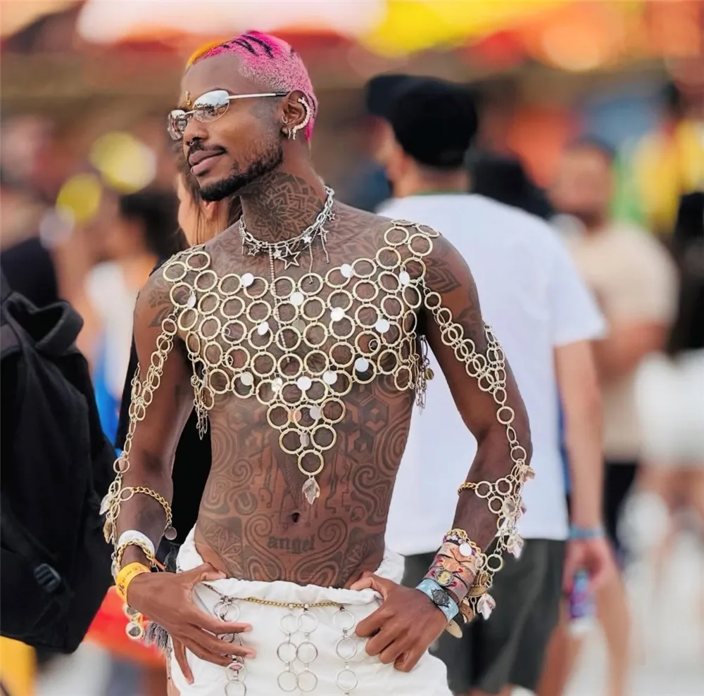 

New Arrival: Bold And Statement-Making Men's Body Chain Circle Bead Sequined Long-Sleeve Lace-Up Top