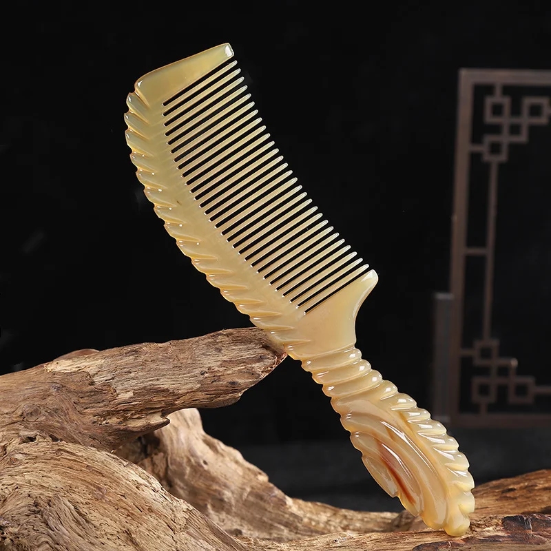 

Natural Yak Horn Comb Handmade Carving Anti-Static Fine Tooth Head Scarping Massage Comb for Women Men All Hair Style