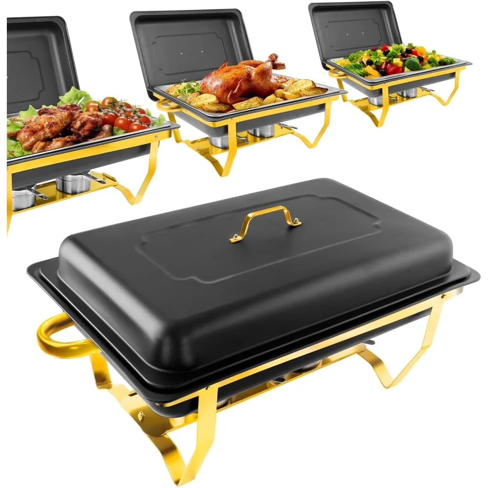 NKTOLEE 8QT Chafing Dishes for Buffet 4 Pack Matte Black And Gold Scratch Resistant Finish Food Warmer Set
