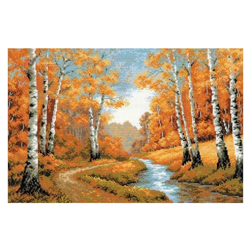 Amishop Gold Collection, lovely Counted Cross Stitch Kit, the Golden Grove Birch Tree Forest River River Riolis, 1155