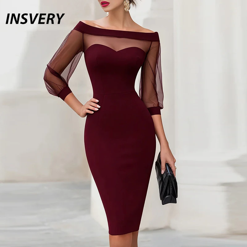 

Elegant Women Dress Red Black White Blue One Shoulder Half Sleeve Mesh Patchwork Bodycon Dresses For Women Office Midi Dress
