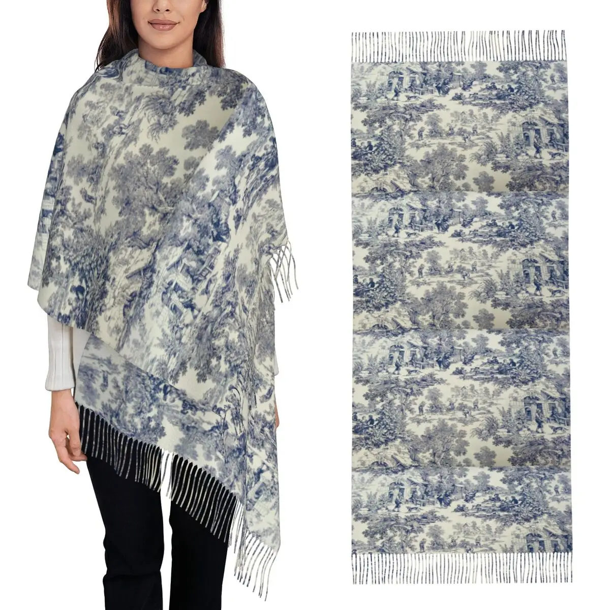 

Французский Toile De Jouy, темно-синий шарф с мотивом, шарфы с кисточками, женские мягкие теплые шали и накидки, большая осенне-зимняя шаль, накидка