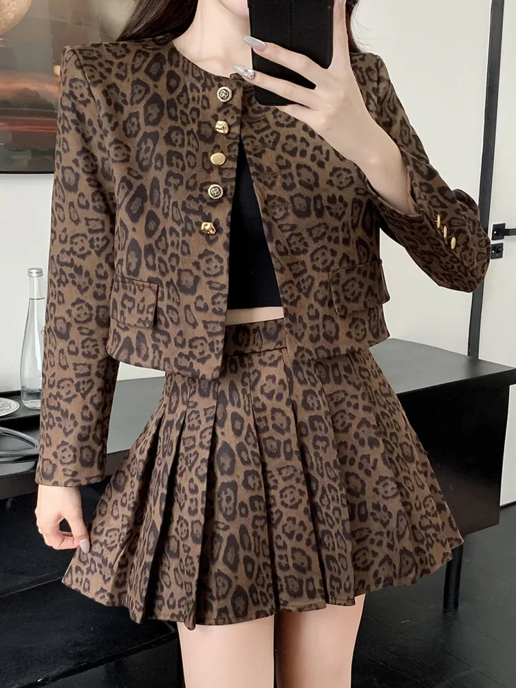 Fashionable Leopard Print Single Breasted Jacket + Pleated Skirt Set For Women\'s Autumn Winter New Style American Two-piece Se