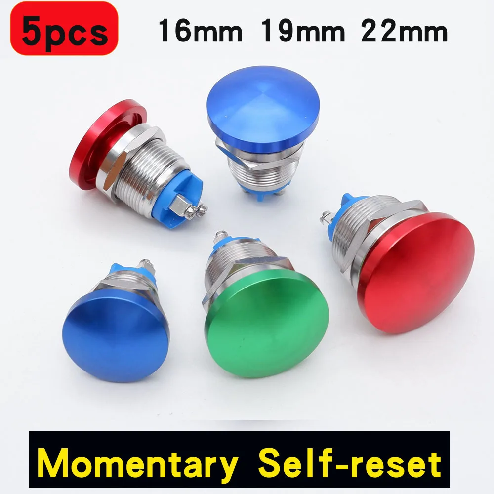 

5pcs 16/19/22mm Metal Self Resetting Mushroom Head Stainless Steel Silver Button Switch Screw Terminal Momentary Red Blue Green