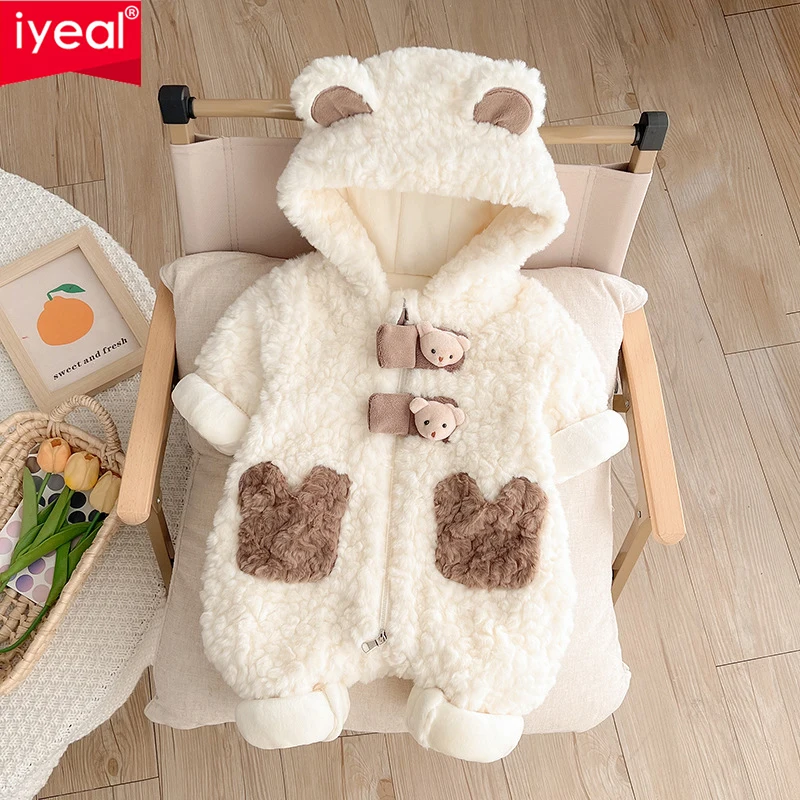 

IYEAL Baby Winter Romper Warm Flannel Plush Jumpsuit Girls Boys Cute Bear Hooded Animals Newborn Clothes Overalls Kids Outerwear