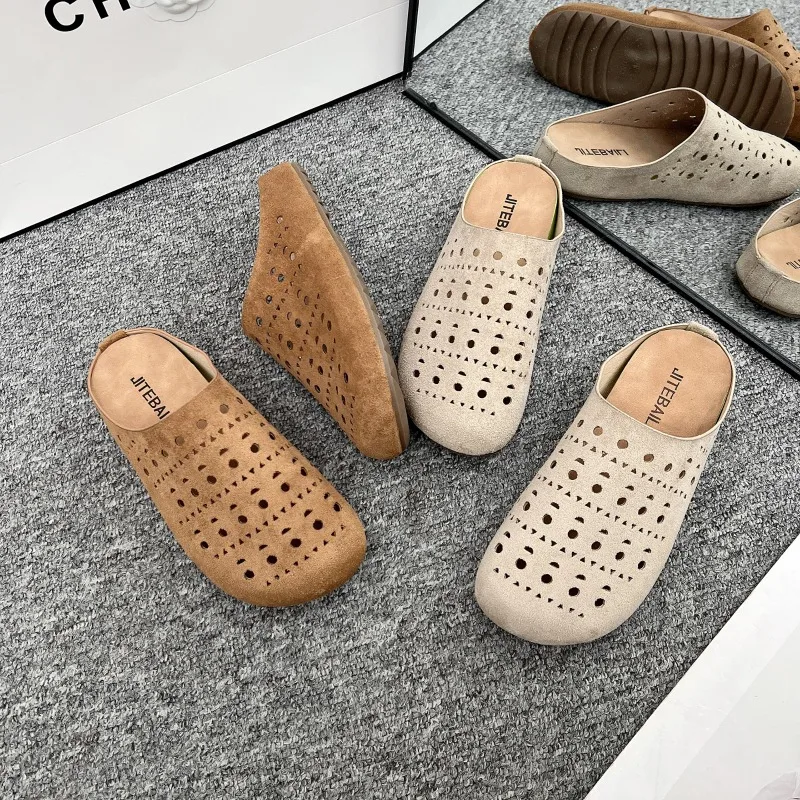 2025 New Arrival Concise Suede Round-Toe Comfortable Woman Slippers Hollow Slides Loafers Female Beach Shoes