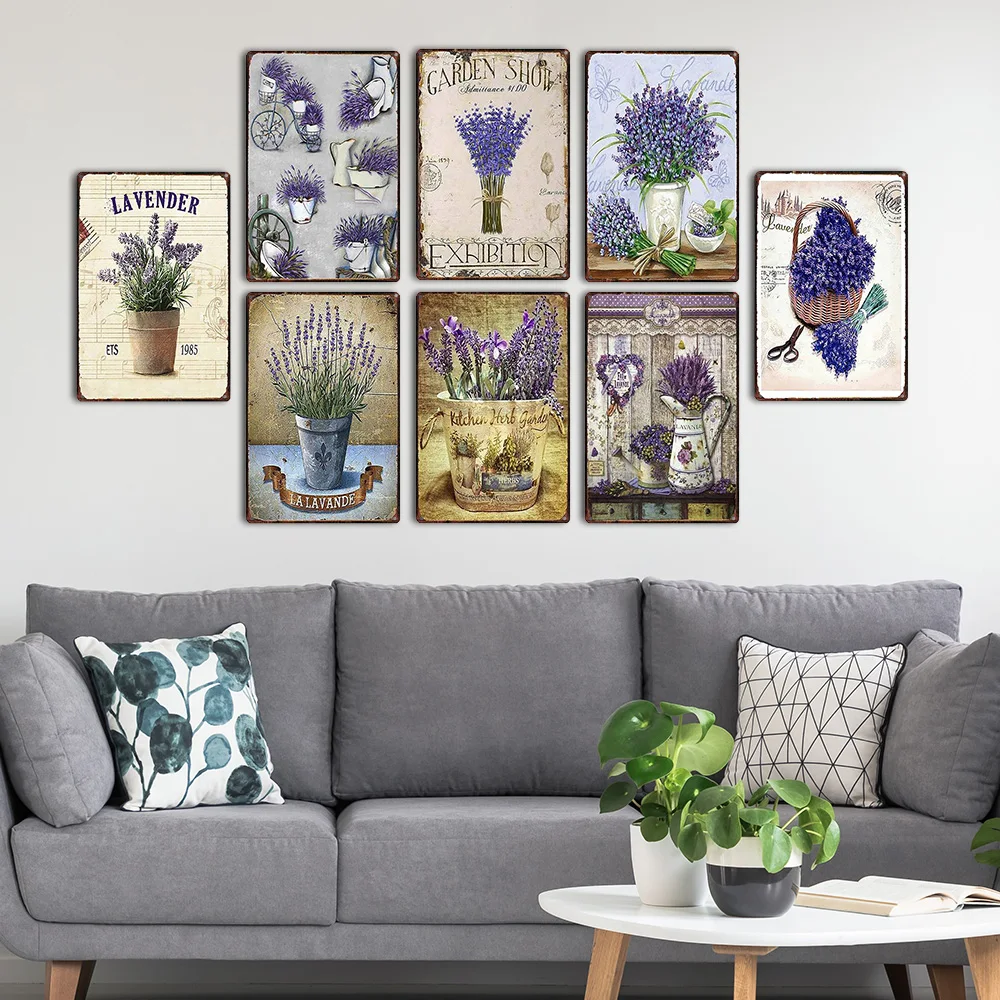 Lavender Metal Plate Flower Farmhouse Tin Signs Plaque Vintage Wall Art Poster Home Garden Decor 20x30cm