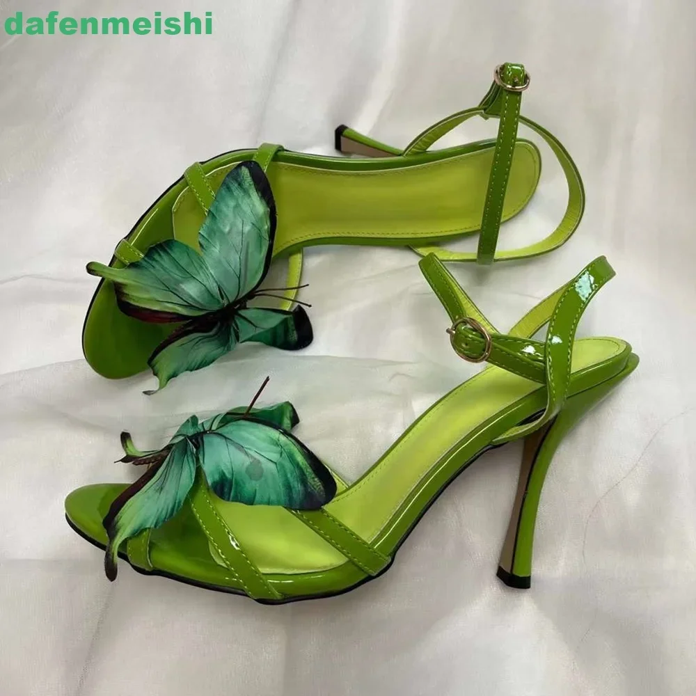

2025 New Green Butterfly Women Sandals Thin Heel Round Toe Novel High Heels Front Rear Strap Open Toe Summer Sandals