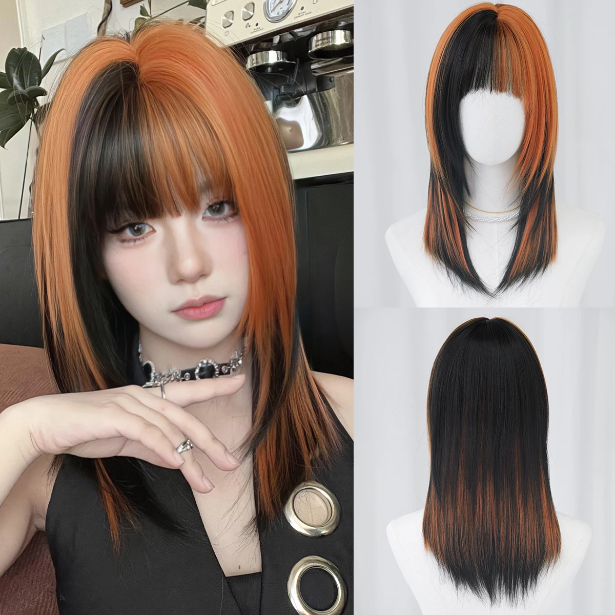 7JHH WIGS Schulterlange, glatte, schwarze Ombre-Orange Perücke für Damen, synthetische, modische Wear-and-Go-Perücken mit ordentlichem Pony