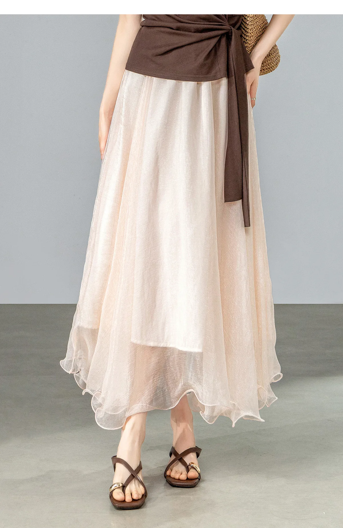 SENTUBILA Eleganter Hochgeschnittener Schimmernder Chiffon A-Linien-Rock 2026 Sommer Weißer Netzrock mit Elastischem Bund Damen-Unterteil W62QG7415 – Detail 29