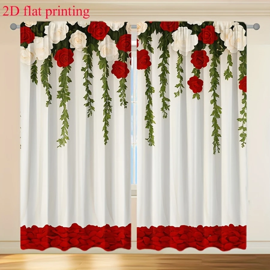 2PCS Digital Print Curtains, Red White Rose Hanging Vines, Cascading Floral Vine Decor Romantic Trailing Flower Bedroom Drapes