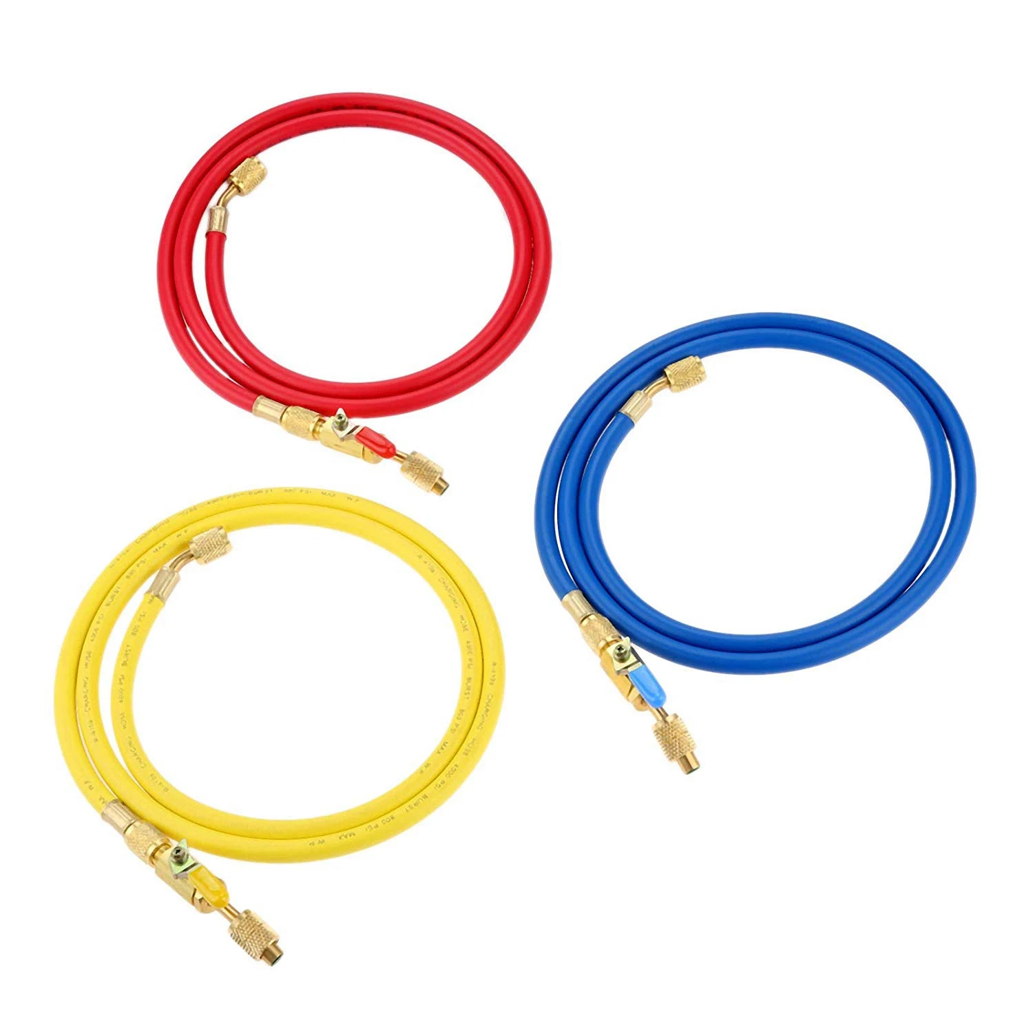 60 Inch R410A Hoses With Ball Valves For R22 R410A R404A R134A Refrigerant Manifold Gauge Set 3 Color Hoses In Red Blue Yellow