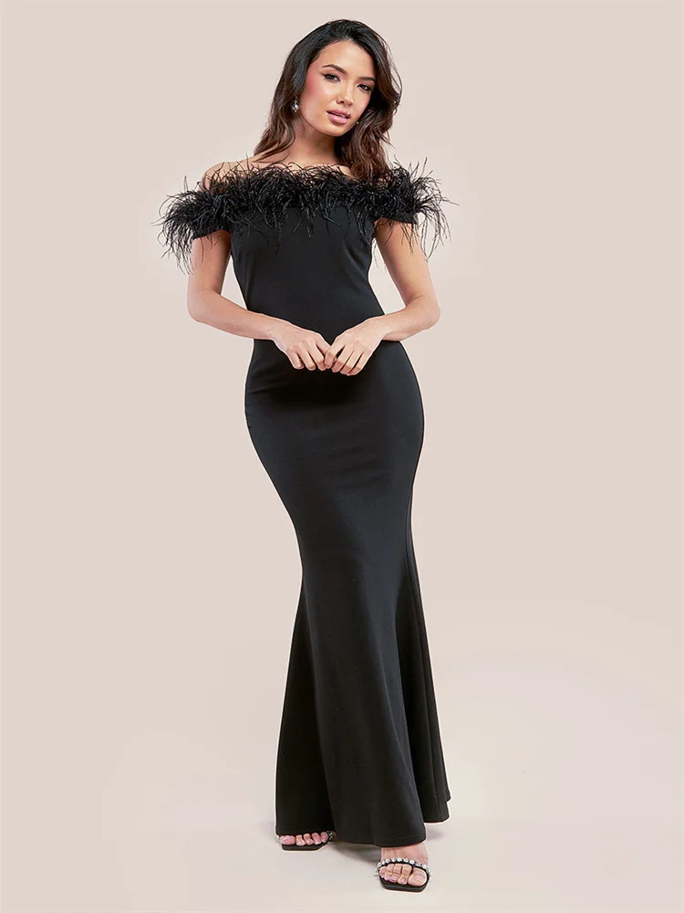 New Arrival Off-shoulder Neckline With Feathers Trumpet Satin Evening Dress Elegant Back Zipper Floor Length Gown For Women 2024