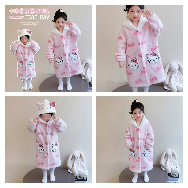 

Hot Sanrio Y2K Girl Pajamas Cinnamoroll Kawaii Anime Fashion Winter Child Keep Warm Hooded Tops Bathrobe Children's Clothing New