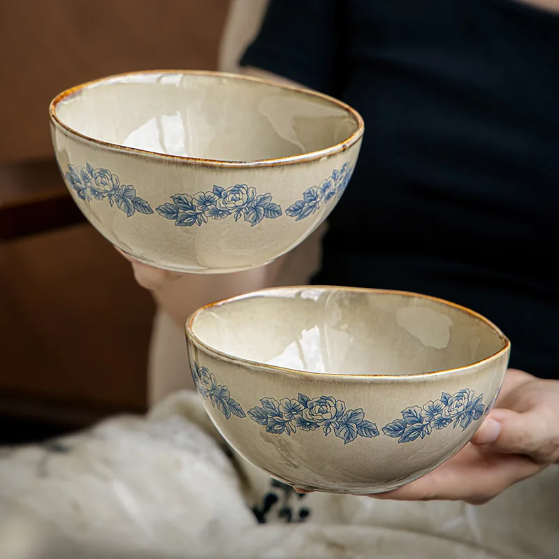 

Винтажная сине-белая керамическая миска, нерегулярная миска для рисового супа с лапшой, фарфоровая посуда ручной работы