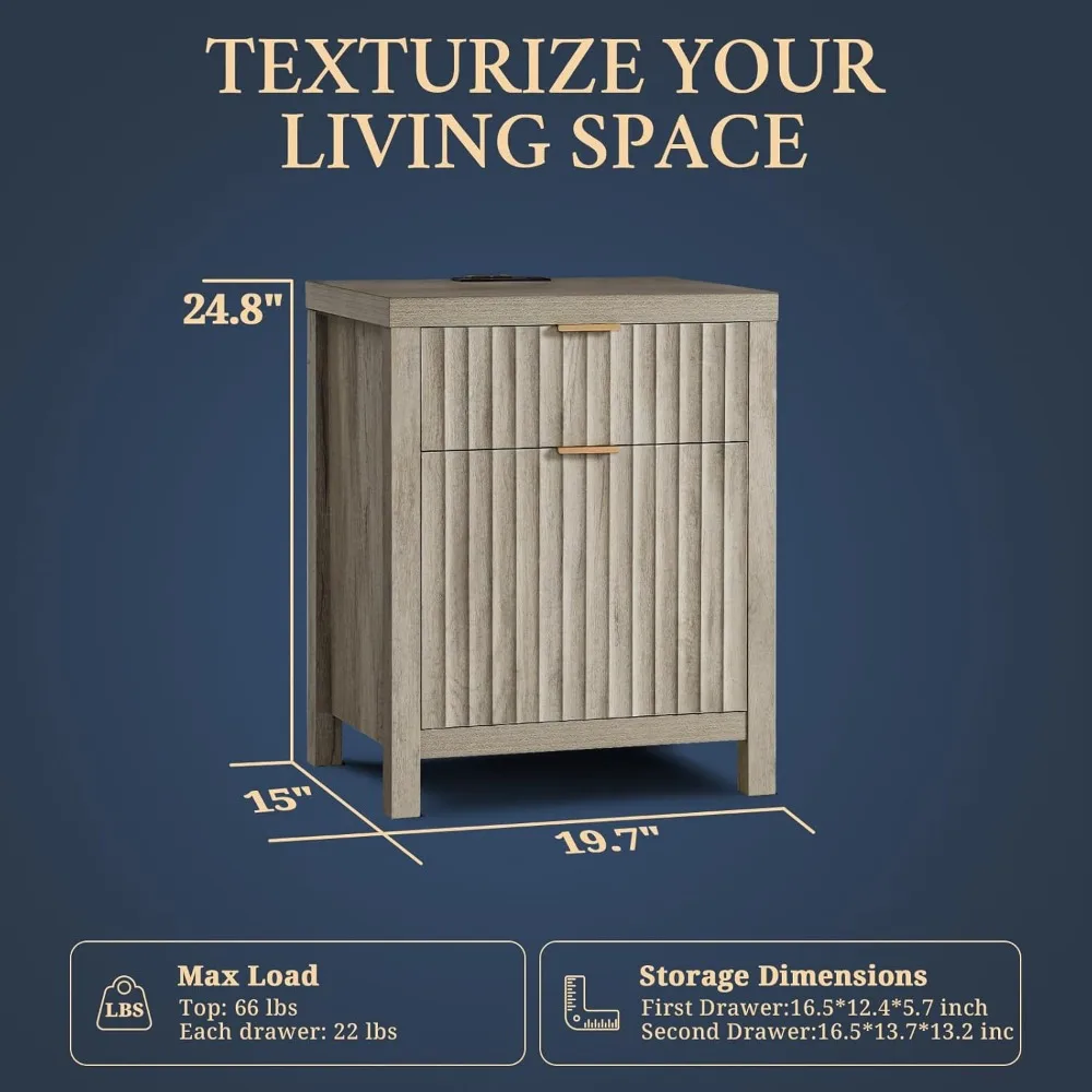 منضدة محطة شحن بتصميم لوحة مخددة، طاولة نهاية ذات درجين لتخزين جانبية للأريكة على طراز المزرعة #3