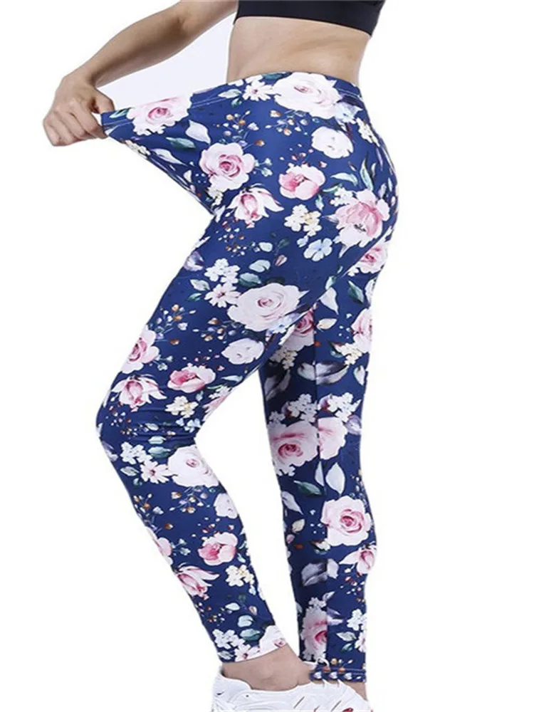 VISNXGI – Leggings à fleurs bleu pour femmes, taille haute, Push-Up, sport, décontracté, longueur cheville, couleur unie, tricoté