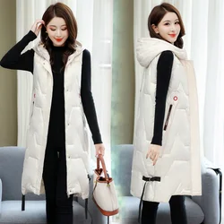 Snow Wear Warm Long Waistcoat Women Winter Vest Jacket Hooded Outerwear Female Glossy Parka Sleeveless Jacket Mujer Coats S-5XL