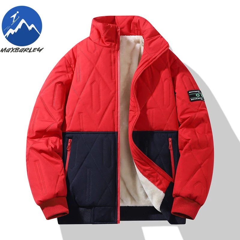 Maxbarley Winter Plush Padding Jacket Men Trendy Splicing Thick Thermal Padded Jacket Casual Outdoor Ski Windproof Fleece Parka