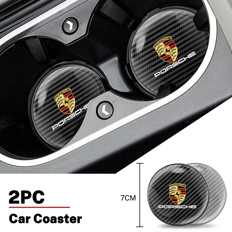 2Pcs Carbon Fiber Car Coaster Anti-noise Water Cup Pad For Porsche 963 Cayenne Cayman Panamera Macan Taycan Mission-E 919-Hybrid