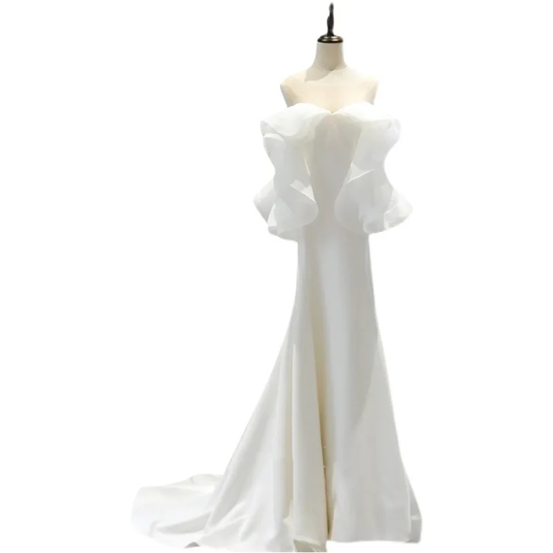오프숄더 피쉬테일 라이트 웨딩드레스 새틴 스트랩리스 신부 약혼 생일 고급 호스트 슬림핏 드레스 맞춤제작