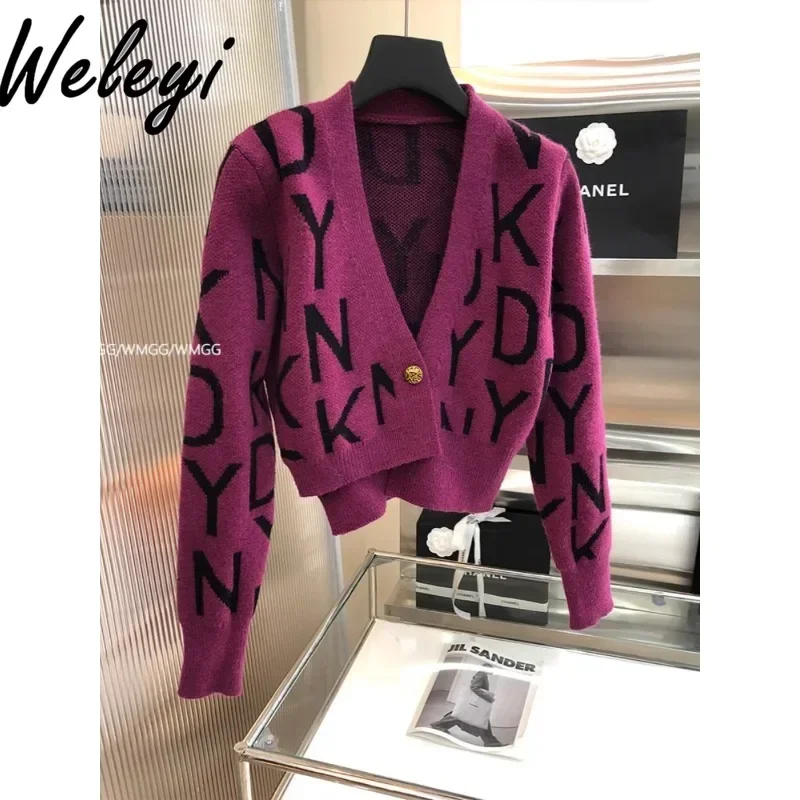 Temperament Letters V-neck Purple Knitted Cardigan Ladies Office Women's Autumn High-end Irregular Long Sleeve Short Sweaters