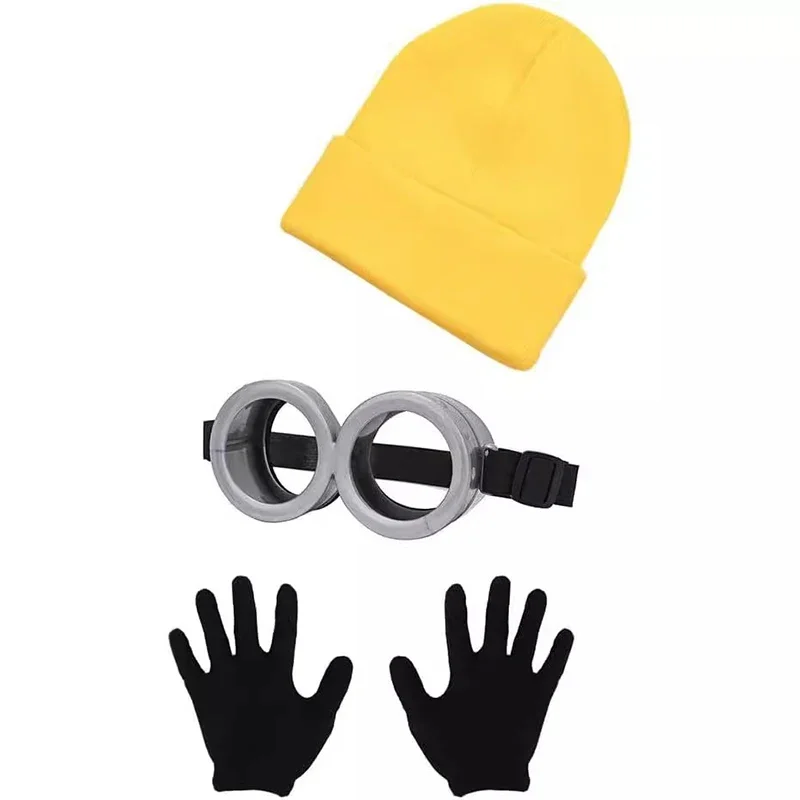 Minions Yellow Beanie Steampunk Glasses Stretchy Gloves Set Unisex Cartoon Little Yellow Man Anime Halloween Props Accessories