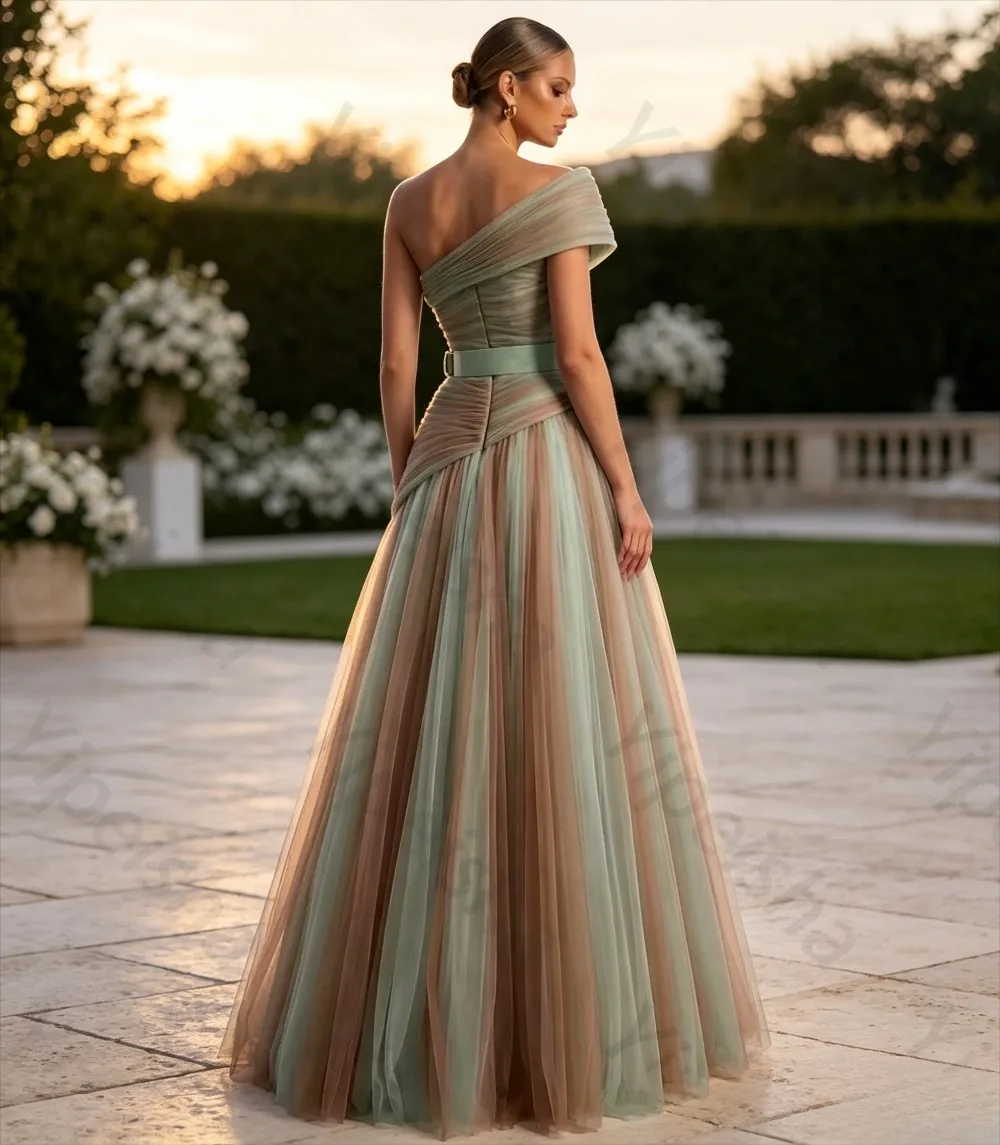 Customized 2026 One Shoulder Two Tone Tulle Evening Gown Ruched Bodice Green Belt A-Line Prom Dress for Wedding Guest