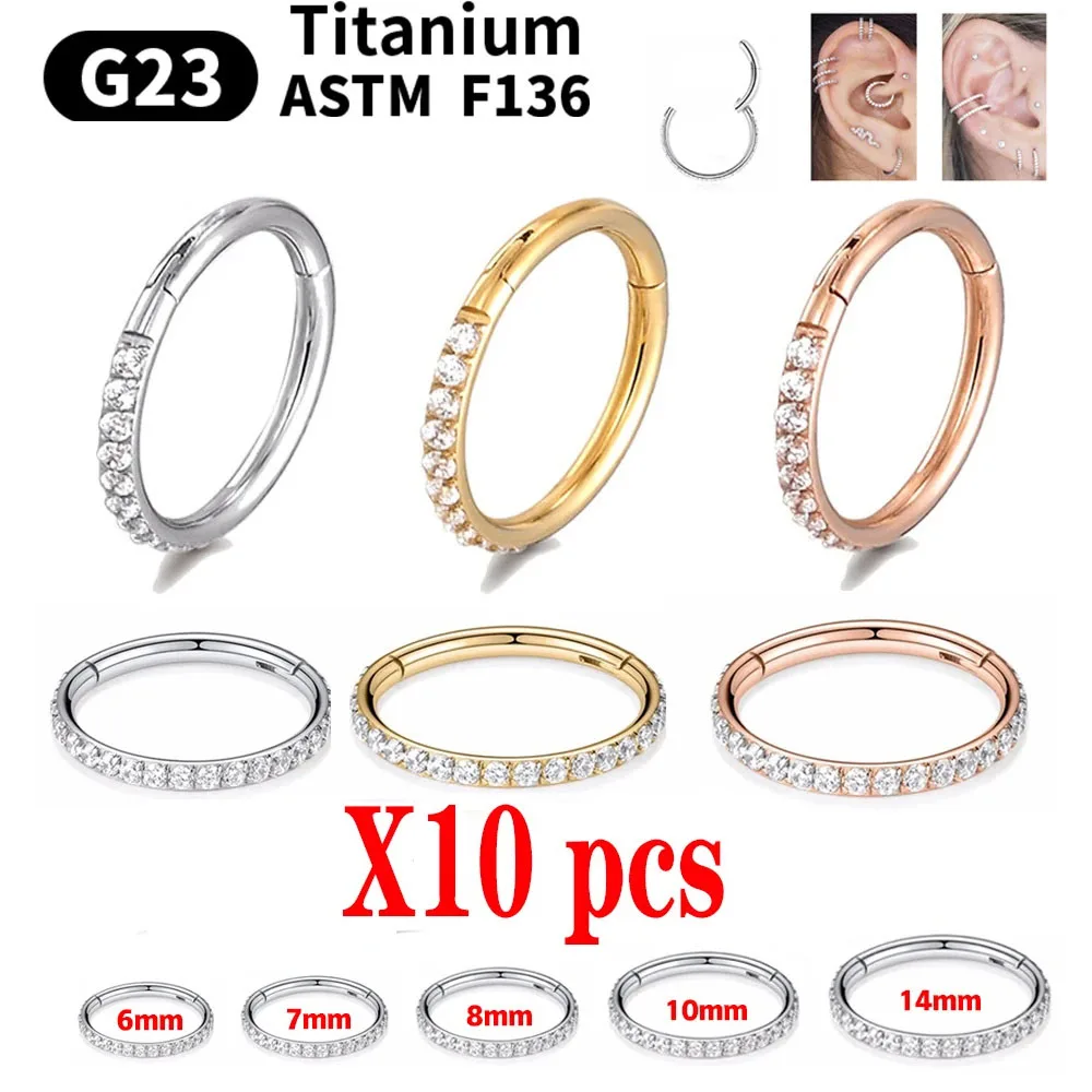 10pcs wholesale G23 F136 Titanium Hoop Earrings For Women CZ Piercing Jewelry Gift Nose Ring Hinge Clicker Open Diaphragm