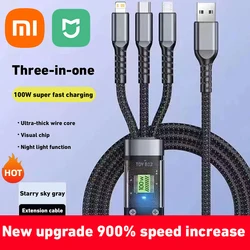 Xiaomi New 100W Super Fast Charging USB C Type 3-in-1 Data Cable With Light For IPhone Samsung Huawei Fast Charging Cords