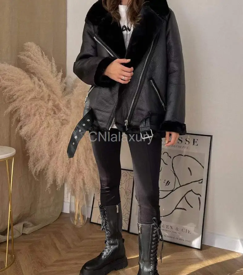 CNlalaxury Winter Women Thickness Faux Leather Fur Sheepskin Coat Female Vintage Lambswool Female Jacket Outwear Casaco Feminino