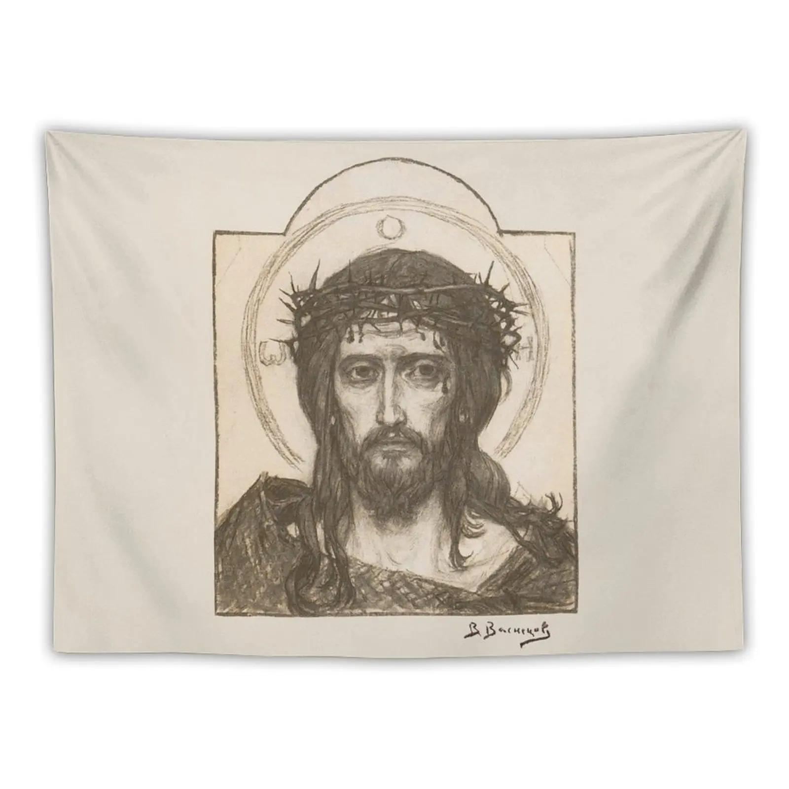 Victor Vasnetsov Jesus Christ Savior in the crown of thorns drawing sepia Original Fine Arts Hd High Quality Tapestry