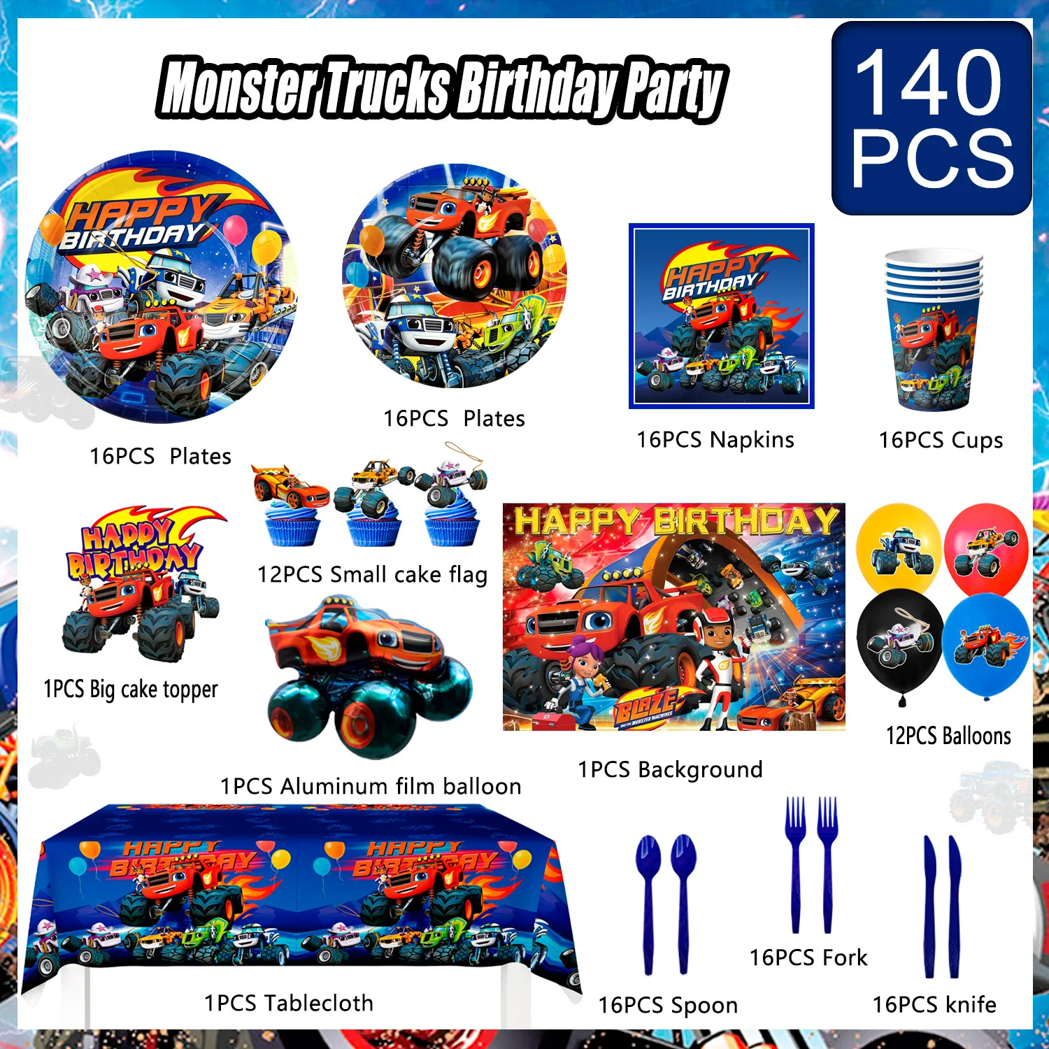 Monster Truck Party Supplies,140pcs Birthday Decorations&Tableware Set-Monster Truck Plates Cups Tablecloth Balloon Backdrop etc