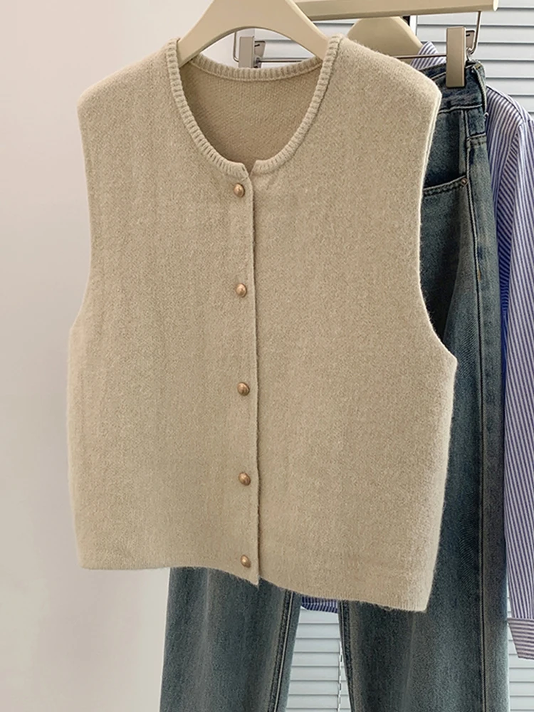 Ele Chaleco de punto Top para mujer otoño 2024 suave Sle capas pequeño botón dorado hombrera irt Commute Sle redondo Ne