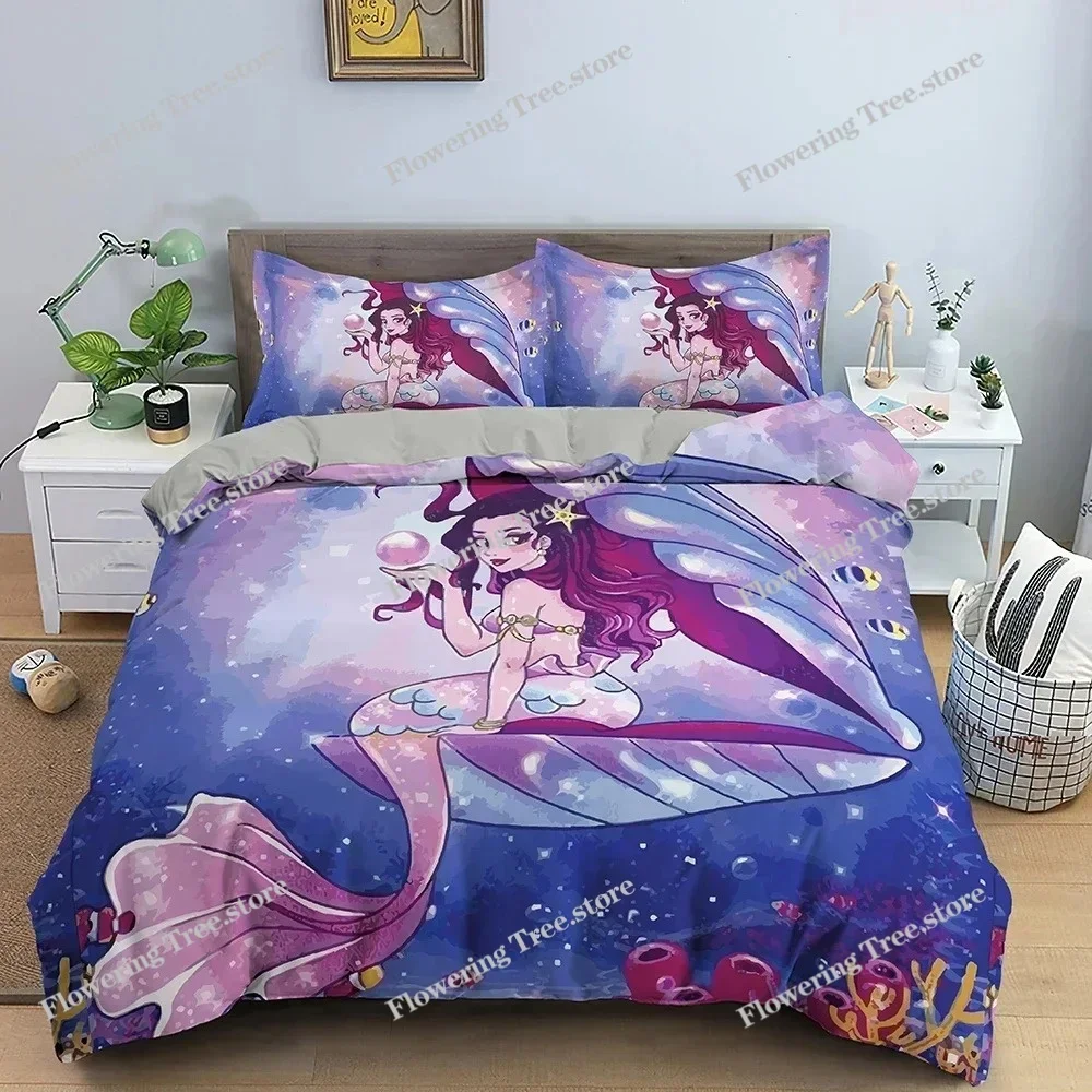 Cartoon Mermaid Pattern Duvet Cover Bedding Set Children Bedroom Decor QuiltComforter Cover King Twin Single Size Bedclothes