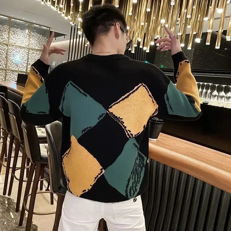 Knitted Sweaters for Men Crewneck Pullovers Man Clothes Plaid Argyle Round Collar Black Overfit X Neck High Quality Replica Mode