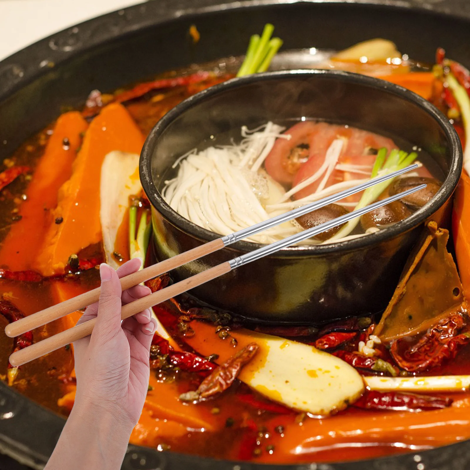 

1pcs 1 Pair Long Handle Stainless Steel Wooden Chopsticks For Cooking Hot Pot Frying Noodle Scooping Reusable Kitchen Utensils