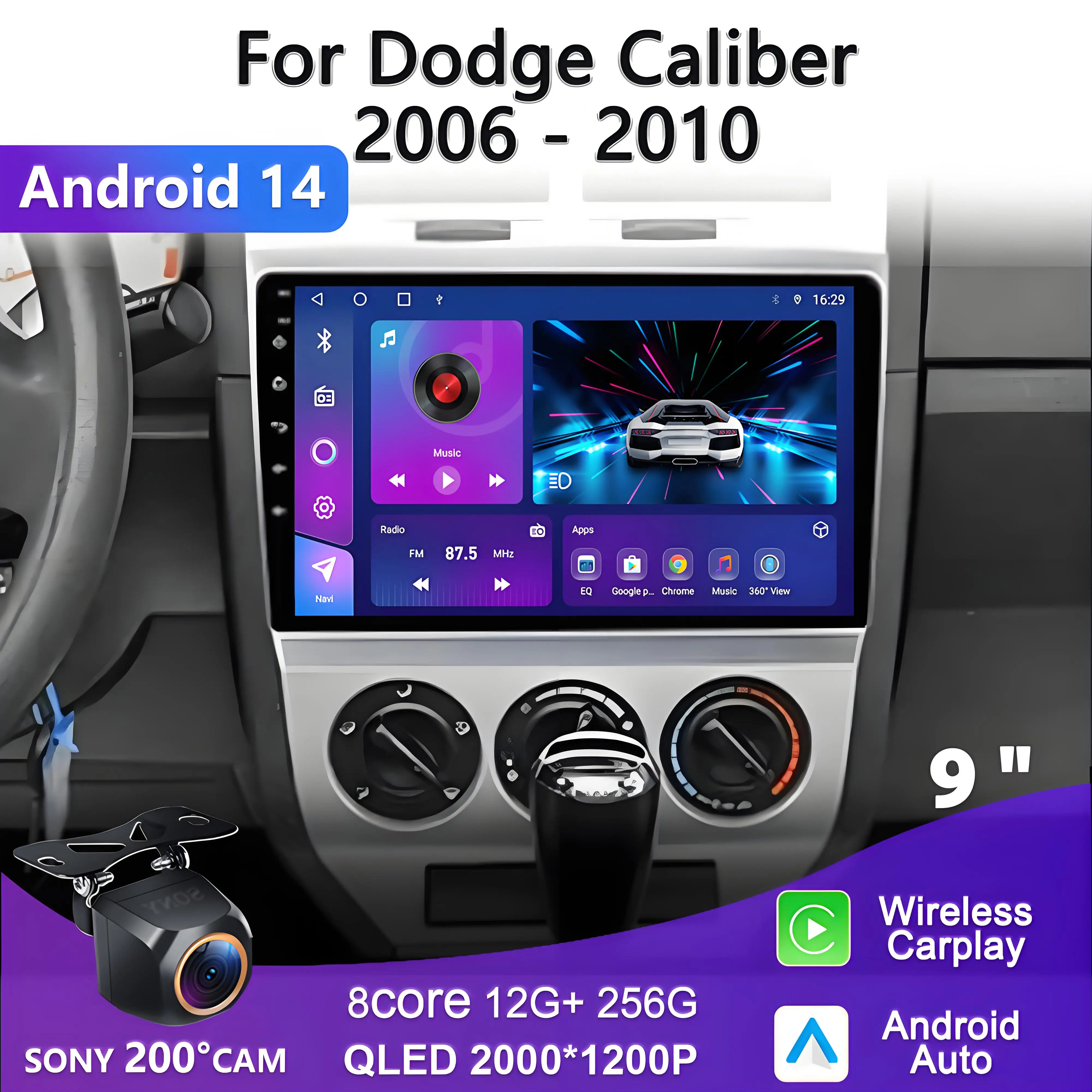 2K Incell Screen Android 14 For Dodge Caliber I 2007 - 2010 QLED Screen Multimedia Stereo Head Unit DVD Navigation Dash Cam 5G