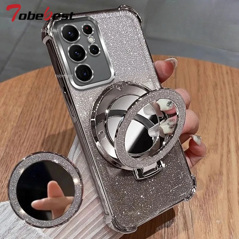 حافظة مطلية مقاومة للصدمات لهاتف سامسونج جالاكسي S25 S24 S23 S22 S21 S20 FE Ultra Plus 5G غطاء حامل مغناطيسي مرآة