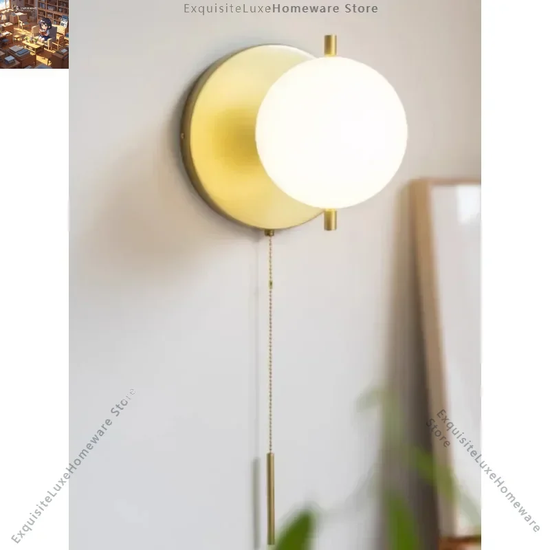 

Nordic Pull-Chain Switch Wall Lamp Modern Glass Sphere Magic Bean Light for Bedroom Kitchen Living Room Background Wall Decor