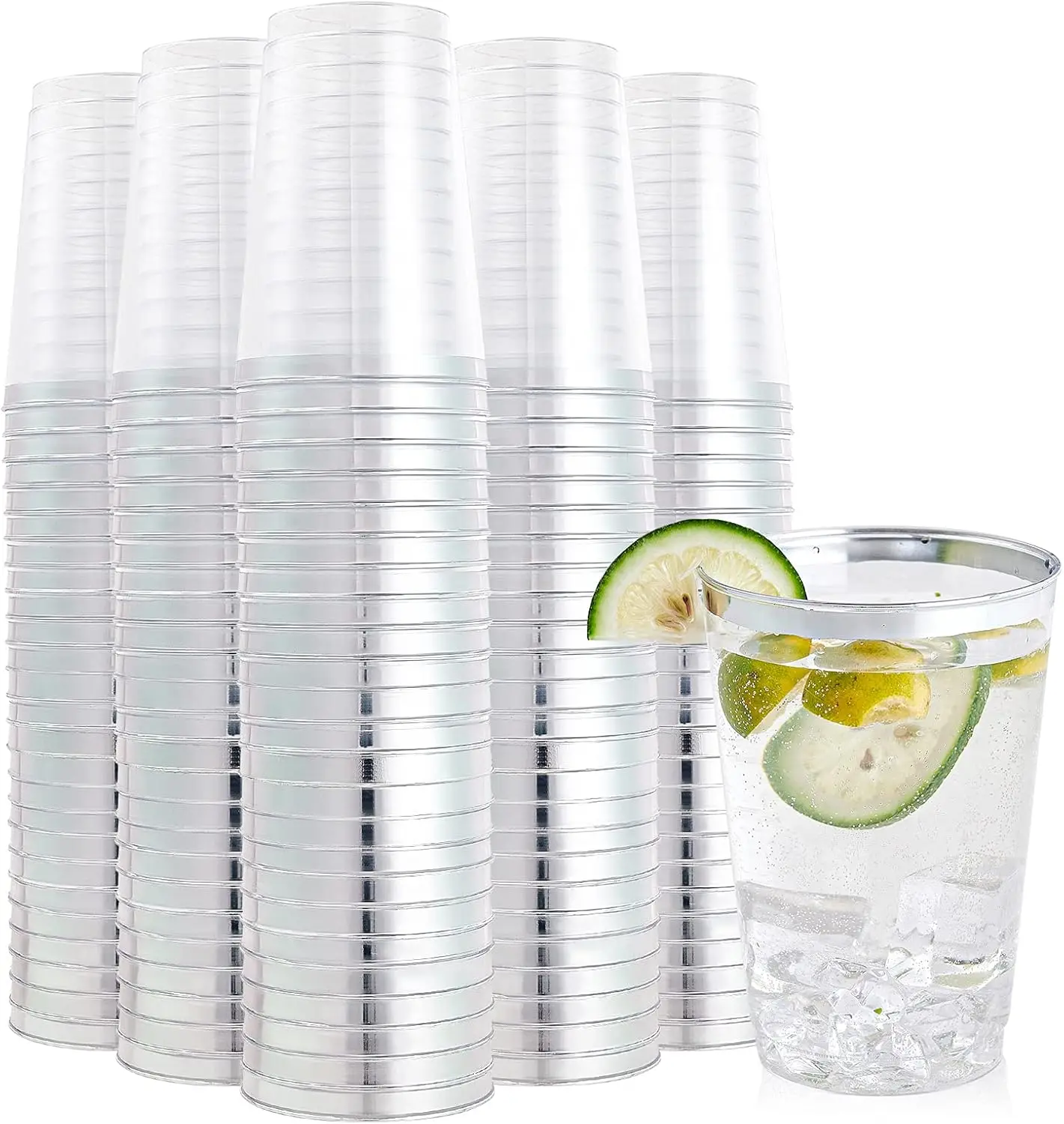 

200 Pack 12 oz Silver Rimmed Plastic Cups, Clear Plastic Cup 12 Ounce Tumblers, Heavy-duty & Fancy Disposable Cups wit