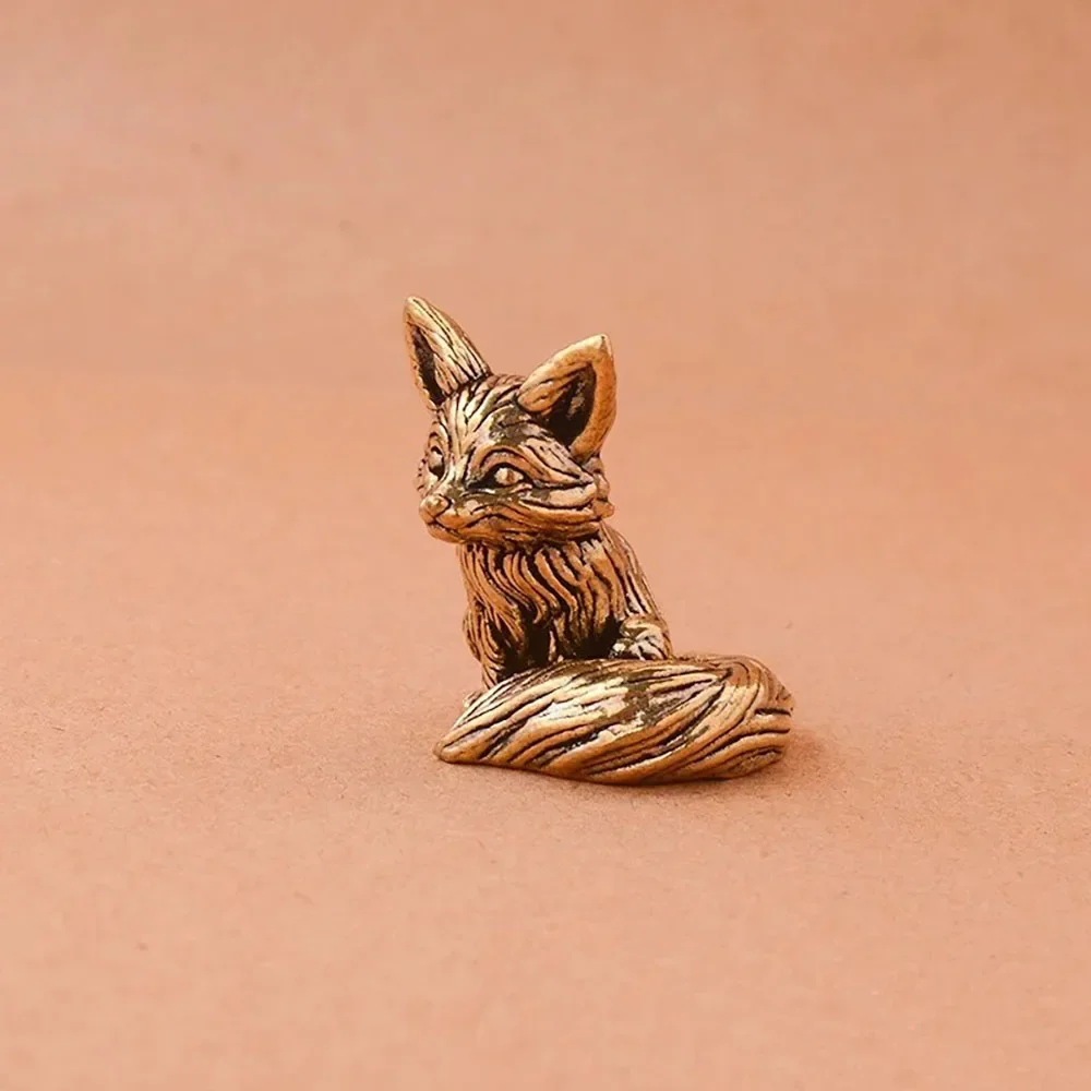 Brass Fox Statue Cute Fox Miniature Figurines Desk Ornament Decorations Accessories Copper Animal Sculpture Home Decor Crafts