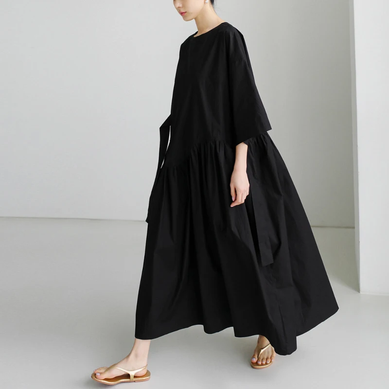 

Новые корейские бандажные платья, лето 2025 года, повседневное простое однотонное свободное платье с круглым вырезом и короткими рукавами и карманами