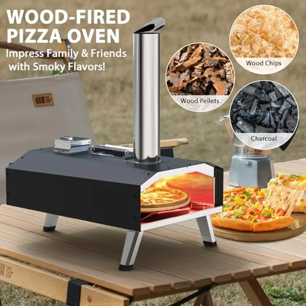 Portable Wood Pellet Pizza Oven and Grill Table Cart Outdoor Cooking Camp Picnics 12” Pizza Oven with 3-Layer Efficient Heat