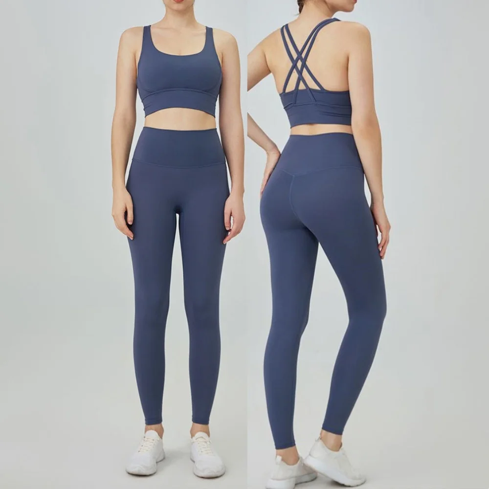 Classic women's yoga suit 2 piece set cross sling bra vest, butter touch stretch leggings gym workout dance sports suit