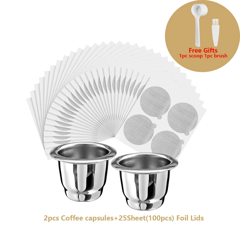 Juego de cápsulas de café Nespresso, repuesto de filtros de café Nespress recargables de acero inoxidable, tapas de sellado de lámina/cuchara/juego de cepillos, 1 Juego