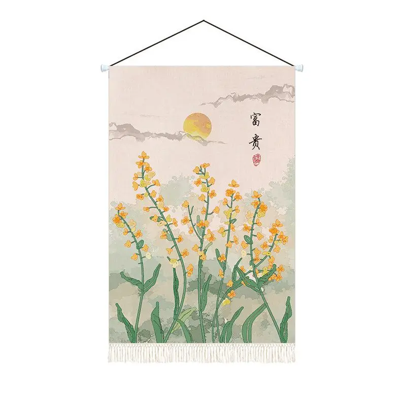 VIKAMA New Chinese Flower Hanging Axis Tapestry Oriental Retro Botanical Wall Art Bedroom Living Room
