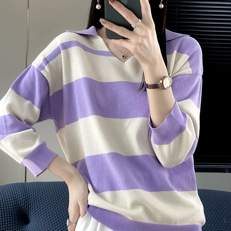 Spring Autumn New 100% Cotton Knit Sweater T-shirt Women's Polo Collar 7-Point Sleeve Fashion Loose Pullover V-neck Short Sleeve